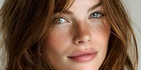 Close-up portrait of young woman with auburn hair, freckles, and striking blue eyes against neutral background. Natural beauty concept.