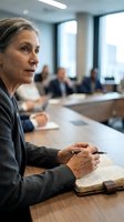 Mature businesswoman with gray hair taking notes during corporate meeting in modern conference room with colleagues in background.