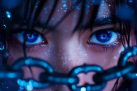 Intense blue eyes with glitter makeup peering through dark chains in dramatic lighting, creating mysterious and ethereal atmosphere. Fantasy concept art portrays captivity theme.