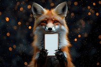 Red fox holding smartphone with blank screen against dark background with glowing orange bokeh lights, magical forest atmosphere and mystical mood.