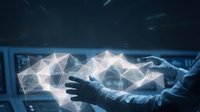 Scientist in gloves holds a glowing polygonal network structure in a high-tech lab, symbolizing data, AI, and digital innovation.