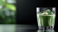 Creamy green smoothie garnished with fresh spinach leaves and banana slice in crystal glass on dark background with bokeh effect. Healthy breakfast concept.