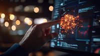 Finger pointing at glowing virus molecule on digital screen with code and data visualization. Medical research and technology concept for healthcare analytics.