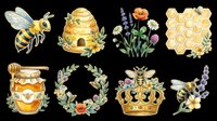 Watercolor honey bee clipart set with hive, honeycomb, floral wreath, crown, and jar, isolated on transparent background. Great for stickers, t-shirts, and print on demand.