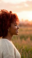 Young African American woman with curly hair smiling in profile during golden hour sunset, wearing white sweater in natural outdoor setting.
