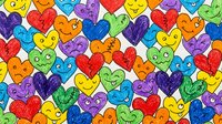 Colorful cartoon hearts with cute faces seamless pattern for children design, wallpaper, textile and gift wrapping backgrounds.
