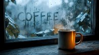 Steaming coffee mug on a wooden windowsill with coffee written on a foggy rainy window, cozy autumn winter mood.