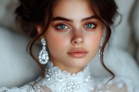 Close up portrait of young bride with natural freckles, blue eyes, and crystal earrings wearing white lace wedding dress. Soft romantic lighting enhances delicate features.
