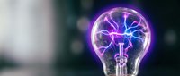 Glowing plasma filaments illuminate inside a clear glass bulb with electric purple and blue energy arcs, symbolizing innovation and power for technology concepts.