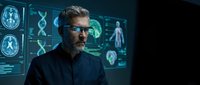 Mature male scientist or researcher with dark hair and beard wearing smart glasses examines holographic medical scans and DNA data displays in modern laboratory setting for healthcare technology and innovation projects.