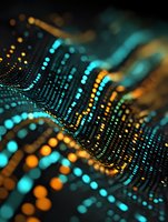 Abstract digital wave pattern with glowing turquoise and orange dots on dark background, creating futuristic technology visualization for tech presentations.