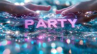 Glowing pink party text floating on shimmering water surface with magical bokeh lights and reflections creating dreamy atmosphere for celebration backgrounds.