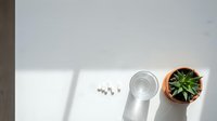 Minimalist flat lay with succulent plant in terracotta pot, glass of water and white pills on clean surface with natural shadow patterns.