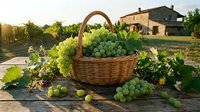 Fresh green grapes in wicker basket on rustic wooden table with vineyard and farmhouse in background at golden hour, harvest season.