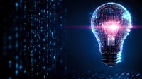Digital light bulb glowing with binary code matrix background in blue and pink neon colors, representing artificial intelligence and innovative technology solutions.