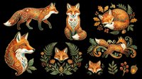 Illustrated fox collection featuring multiple poses and decorative botanical elements, isolated on transparent background. Ready for t-shirt design, clipart, stickers, sublimation, and print-on-demand products.