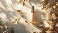Golden serum dropper bottle with metallic leaves casting shadows on beige background, luxury skincare product photography for cosmetic advertising and beauty branding.