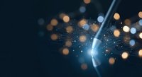 Abstract digital network connections with glowing nodes and light beams creating futuristic technology background with bokeh effects for modern design projects.