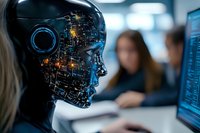 Futuristic artificial intelligence robot head with glowing circuit patterns in office environment, people working with computers in background. Modern technology concept.