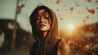 Young woman in brown hoodie with windswept hair against golden sunset backdrop with autumn leaves floating in breeze.
