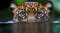 Jaguar head emerging from water with intense golden eyes and distinctive spotted pattern against blurred green jungle background for wildlife photography.