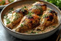 Grilled chicken legs in creamy garlic sauce garnished with fresh parsley and black pepper, served in rustic ceramic pan on dark background. Food photography.