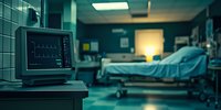 Dark hospital room with patient monitoring device showing vital signs in foreground, empty bed with medical equipment in background creating dramatic healthcare atmosphere.