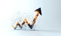 Glowing orange arrow graph chart breaking apart into particles and rising upward on light background, representing business growth and success dynamics.