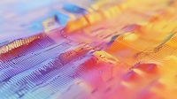 Abstract macro photography of colorful iridescent surface with parallel lines creating wave-like pattern in purple, yellow and orange gradient tones for modern design background.