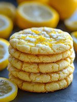 Stack of homemade lemon crinkle cookies with powdered sugar coating and fresh citrus slices, showcasing soft, chewy texture and bright yellow zest on dark surface.