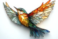 Geometric hummingbird with spread wings in stained glass style featuring vibrant orange, teal and white colors against light background, mosaic art design.