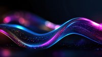 Glowing wave of particles with vibrant blue and purple colors flowing on dark background, creating dynamic motion effect with sparkling dots and bokeh elements.