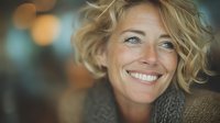 Confident middle-aged Caucasian woman with blonde curly hair and bright smile against blurred background, radiating warmth and positivity.