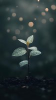 Young plant seedling with water drops on leaves growing from soil against dark background with bokeh lights, capturing growth and new beginnings in nature.