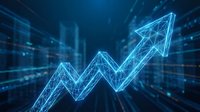 Digital blue arrow pointing upward with glowing wireframe design against futuristic technology background for business growth and success concepts.
