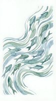 Watercolor fish swimming in flowing water currents with soft green and blue tones on light background for marine themed designs and coastal decor.