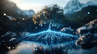 Mystical glowing tree with luminescent blue roots floating above water surface in mountainous landscape at night, magical nature scene with ethereal light particles.