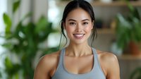 Young Asian woman in gray sports top smiling at camera, with natural makeup and hair in casual updo, against blurred background with green plants.
