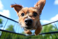 Curious terrier dog looking over fence against blue sky background, creating playful and engaging pet portrait for animal care websites.