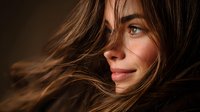 Young Caucasian woman with flowing brown hair in warm golden light creating dramatic portrait with natural beauty and soft shadows.
