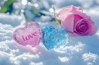 Pink and blue heart-shaped glass ornaments with "Love" inscription resting in fresh snow beside a delicate pink rose, creating a romantic winter scene.