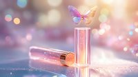 Elegant cosmetic lipstick and glitter tube with decorative butterfly on dreamy pastel background with bokeh lights.