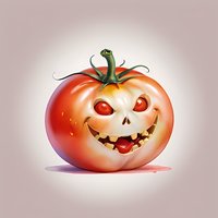 Fresh ripe tomato with carved spooky face glowing from within, featuring jagged smile and red eyes. Seasonal produce meets Halloween character.