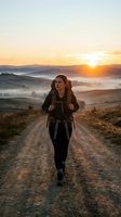 Young woman with reddish-brown hair jogging on rural dirt path at sunrise wearing backpack and athletic gear, misty valley landscape background.