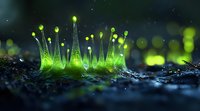 Glowing green bioluminescent mushrooms growing on dark forest floor at night, magical nature macro photography with bokeh lights and water drops.