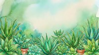 Watercolor succulent garden border with aloe vera and cacti plants in terracotta pots, botanical illustration for home decor and gardening designs.