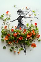 Creative line art silhouette of dancing woman with flowing hair merged with real orange flowers and green leaves on white background for artistic design.