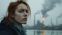 Young redhead woman with concerned expression looking at industrial pollution from factory chimneys. Dark moody atmosphere with smoke stacks in background.