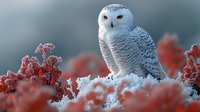 Snowy owl perched on frost-covered red berries in winter landscape. Arctic bird wildlife photography for nature and seasonal content.