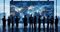 Business professionals silhouettes viewing global network connections on large display screen in modern office environment for corporate presentations.